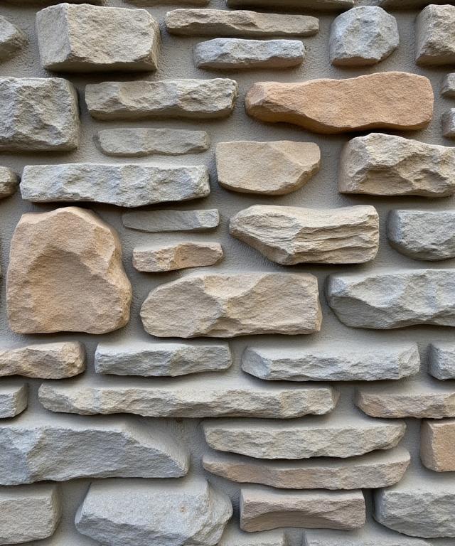 Gros plan sur une texture murale en pierre naturelle avec un jeu d'ombres.