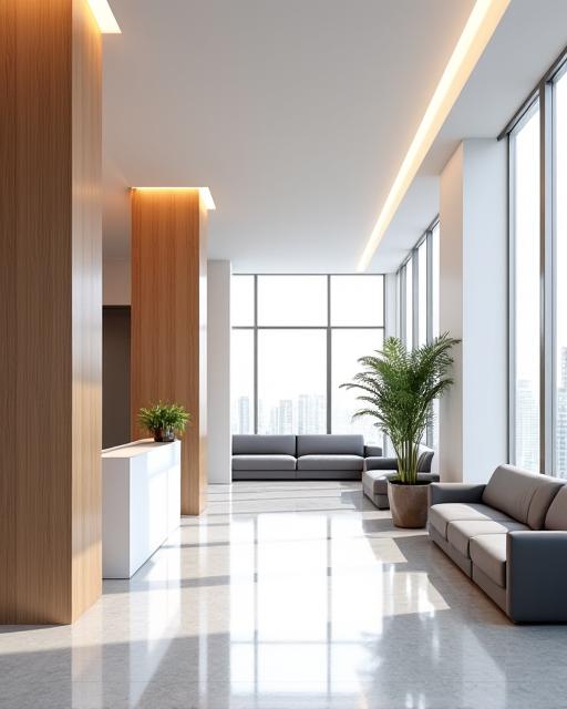 Espace d'accueil lumineux de bureaux modernes avec des touches de bois.