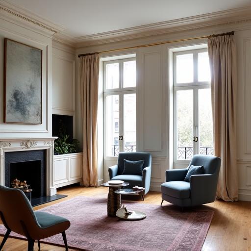 Salon d'un appartement haussmannien rénové avec moulures et mobilier moderne.