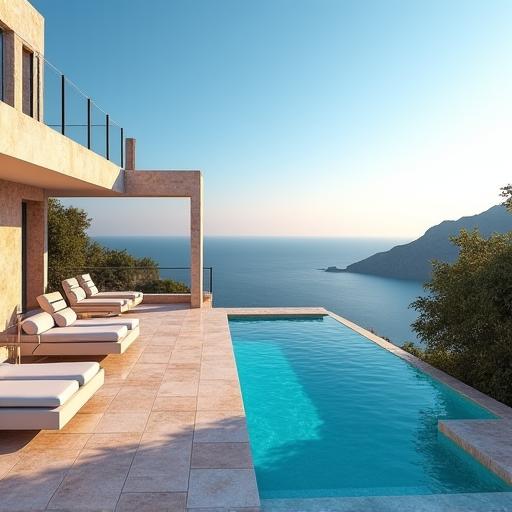 Terrasse de villa avec vue sur la mer méditerranée.