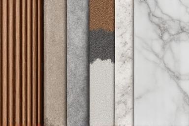 Échantillons de marbre, bois et tissus.