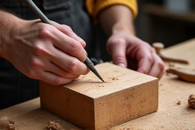 Artisan travaillant sur une pièce de mobilier en bois.