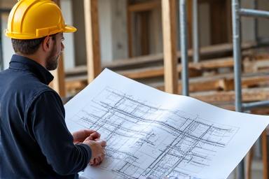 Chantier de rénovation avec des plans d'architecte.